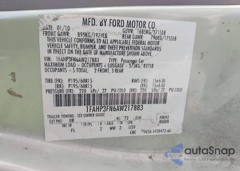 2010 Ford Focus Se z USA, uszkodzony, nr VIN 1FAHP3FN6AW217883